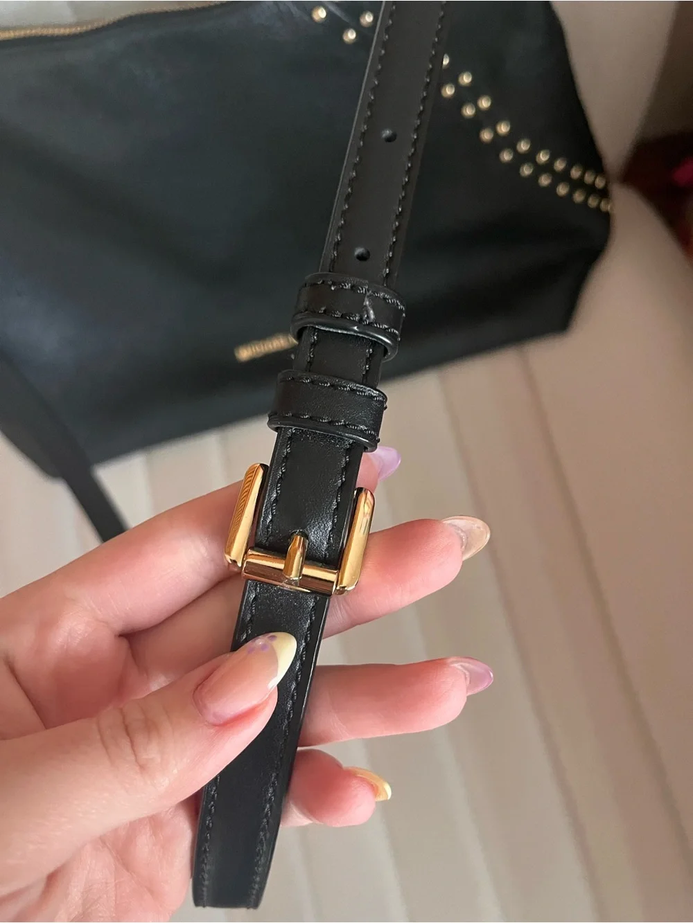 Michael Kors Black Leather Shoulder Bag with Gold Hardware and Stud Accents